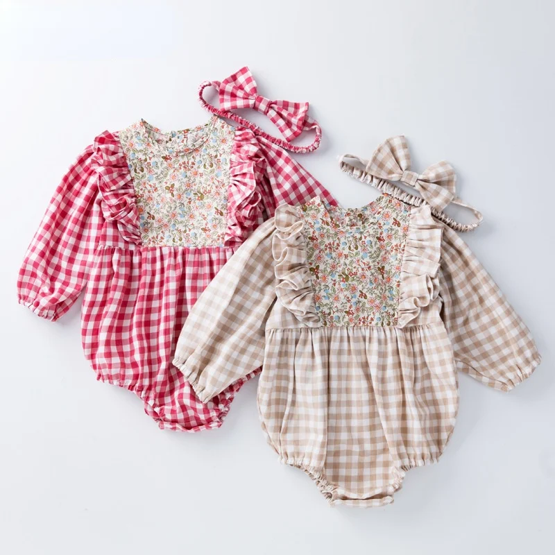 

2pcs/sets Baby Girl Clothes Newborn Infant Romper Lattice Floral Ruffles Sleeves Bodysuit + Plaid Bowknot Hairband For Children