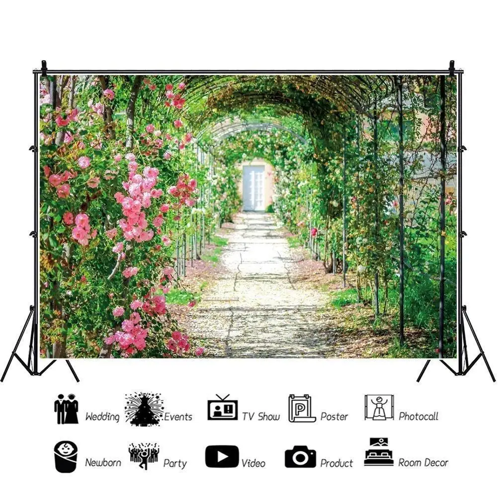 

Beautiful Green Plants and Flowers Corridor Aisle Portrait Photography Backdrop Decor Photo Background Studio Photocall Props