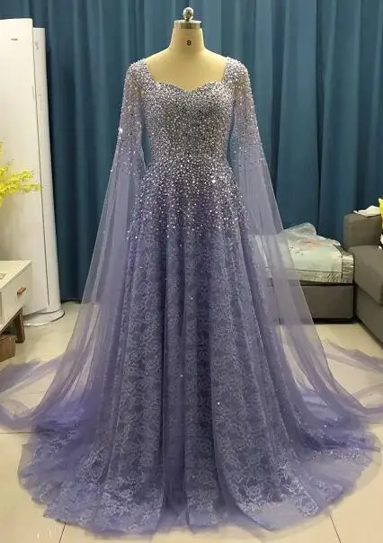 Lavender Дубай, женские вечерние платья размера плюс, роскошное розовое вышитое бисером и кристаллами арабское платье для выпускного вечера с накидкой, цвета шампанского, зеленое, вечерние платья - Цвет: Lavender