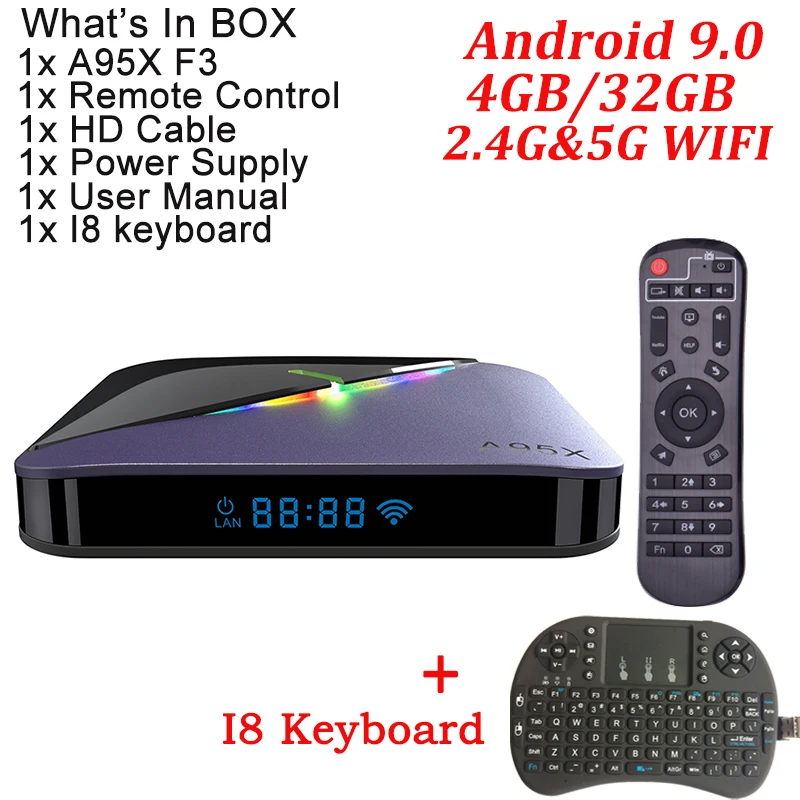 4G 32G With I8 A95X F3 RGB светильник ТВ приставка Android 9,0 Amlogic S905X3 4 Гб 64 Гб Смарт ТВ приставка Flex 8 к H.265 двойной wifi Netflix медиаплеер - Color: 4G 32G With I8