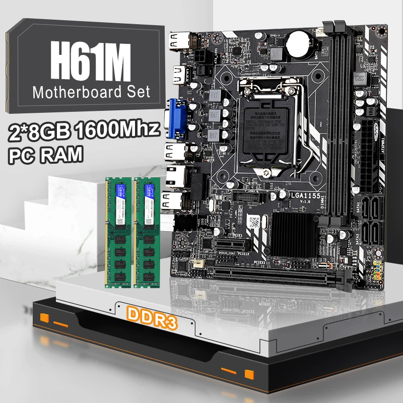 

H61M Motherboard LGA 1155 Set With 2PCS DDR3 8GB 1600MHz PC RAM UP TO 16GB Desktop Mainbord Support Core i3 i5 i7 Processor VGA