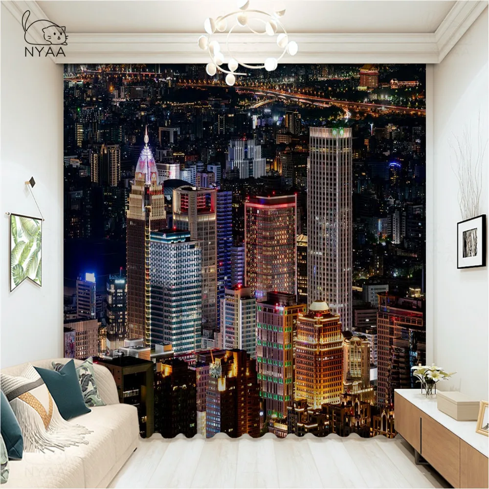 

Modern Window Curtains New York City Skyline Skyscrapers At Sunset Night American Urban Life Image Living Room Micro Shading