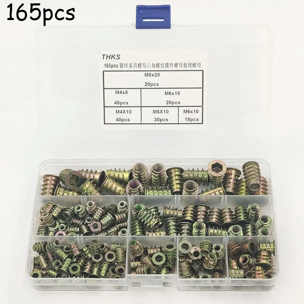 

165 Pcs Threaded Sleeve Screw-in Nut Screw-in Sleeve Screw-in Nut Slot M4-M8 For Soft Woods Made Of Pine, Plywood, Fibreboard