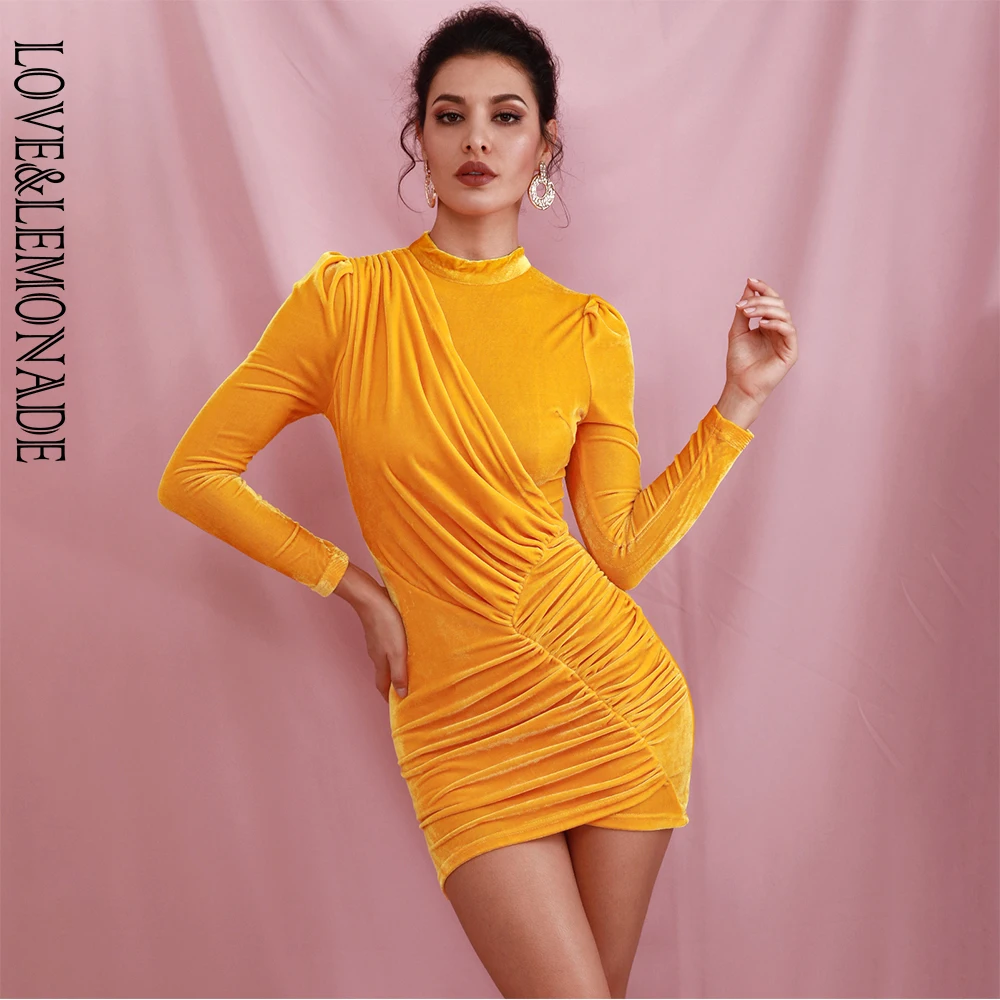 Женское вечернее мини платье LOVE & LEMONADE желтое облегающее с воротником стойкой и