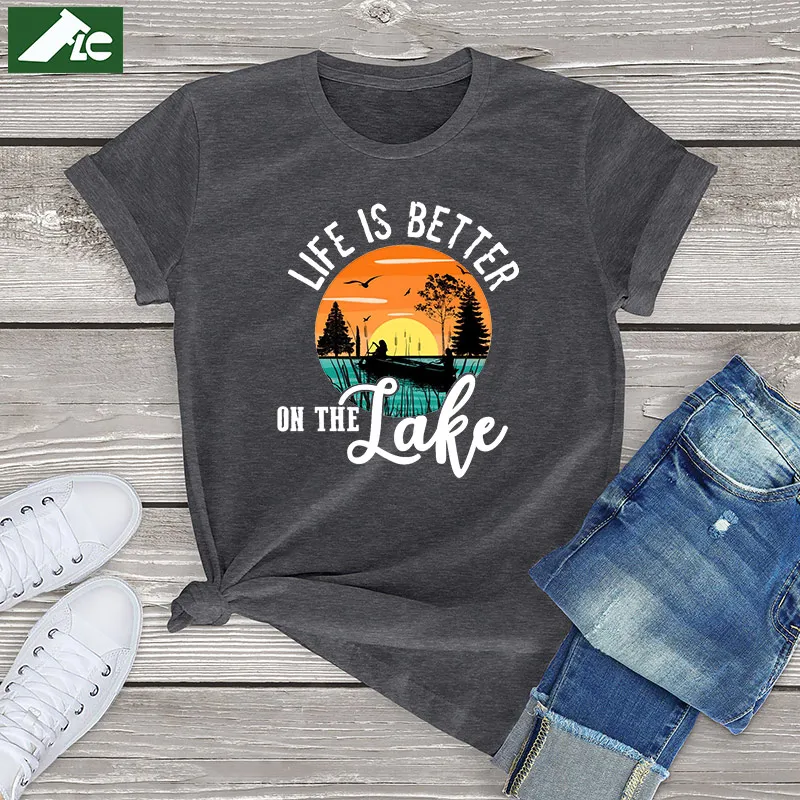 

100% Cotton Tee girl 90s Life Is Better On The Lake Camping Gifts Hiking unisex t Shirt female Fashion Oversized T-Shirt EU Size