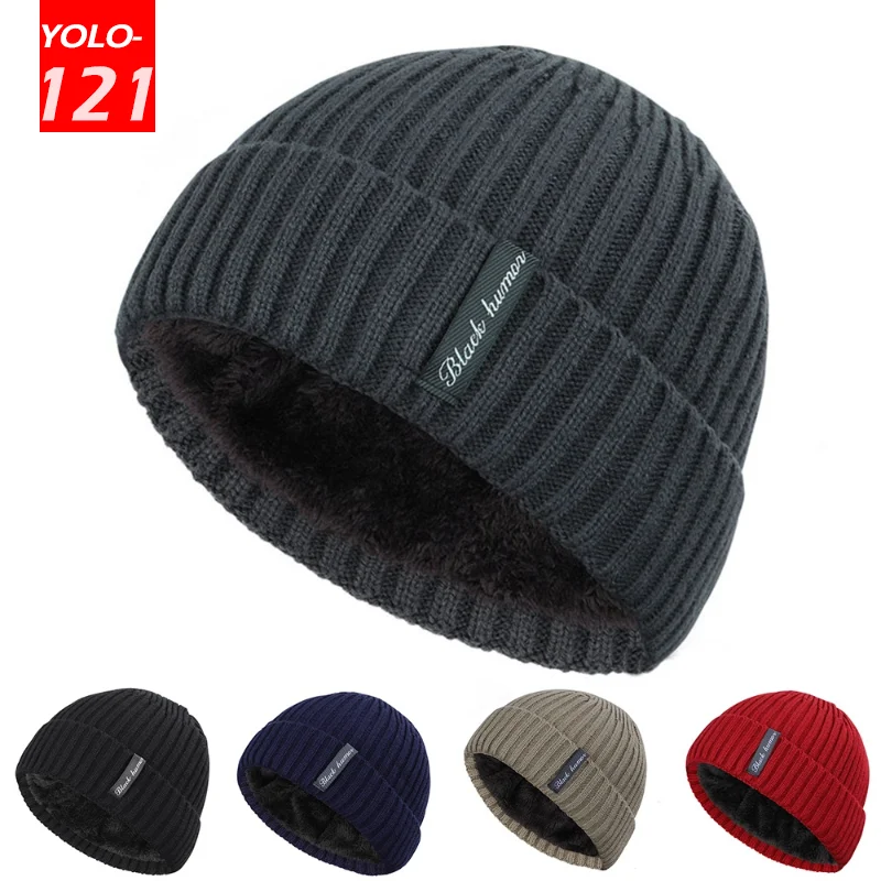 

Thick Velvet Inner Hat Winter Warm Knitted Hat High Quality Men Women Solid Color Casual Beanie Hat Cashmere Cotton Soft Hat