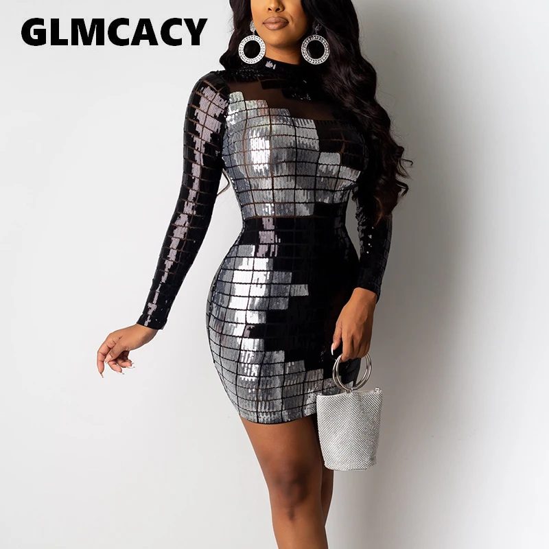 Женское элегантное платье с блестками выше колена туника длинным рукавом