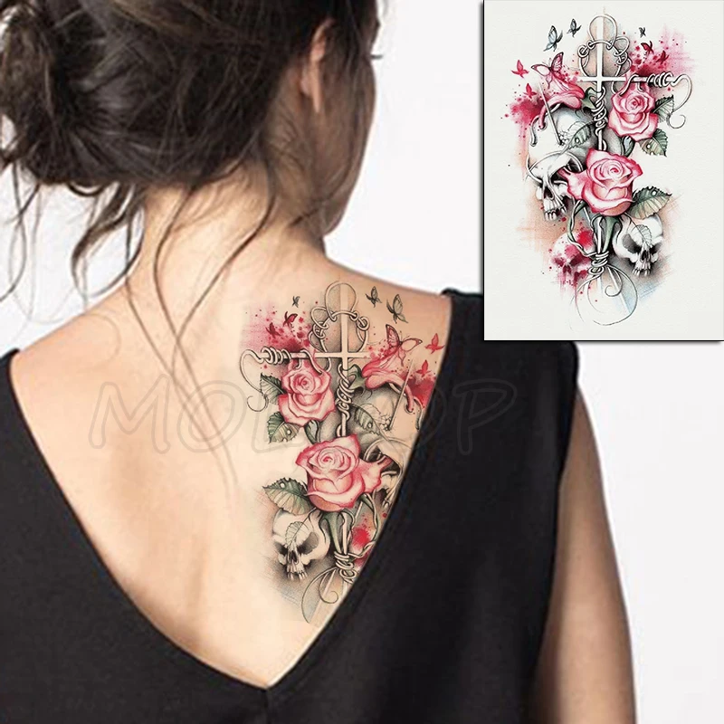 Временная тату наклейка с розовым сапфиром и красным цветком поддельные