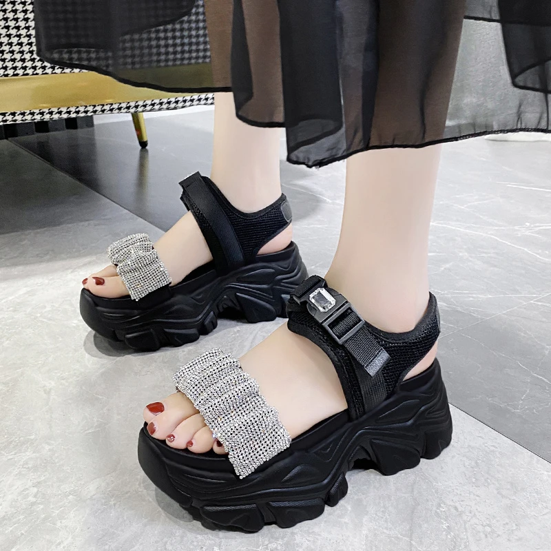 

Platform Rhinestone Design Women Sandals Fashion Convenient Velcro Outdoor Mesh Open Toes Thick Bottom 2021 Casual Woman Shoes
