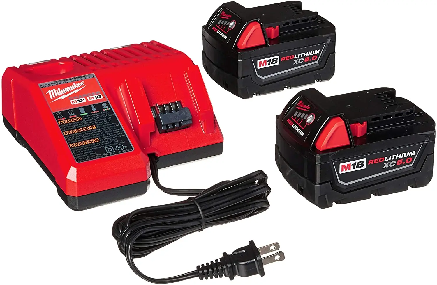 

Milwaukee 48591850 M18 RED LITHIUM XC 5.0 Ah Batteries (2) + 48591812 M12 and M18 Multi Voltage Charger kit metal sign