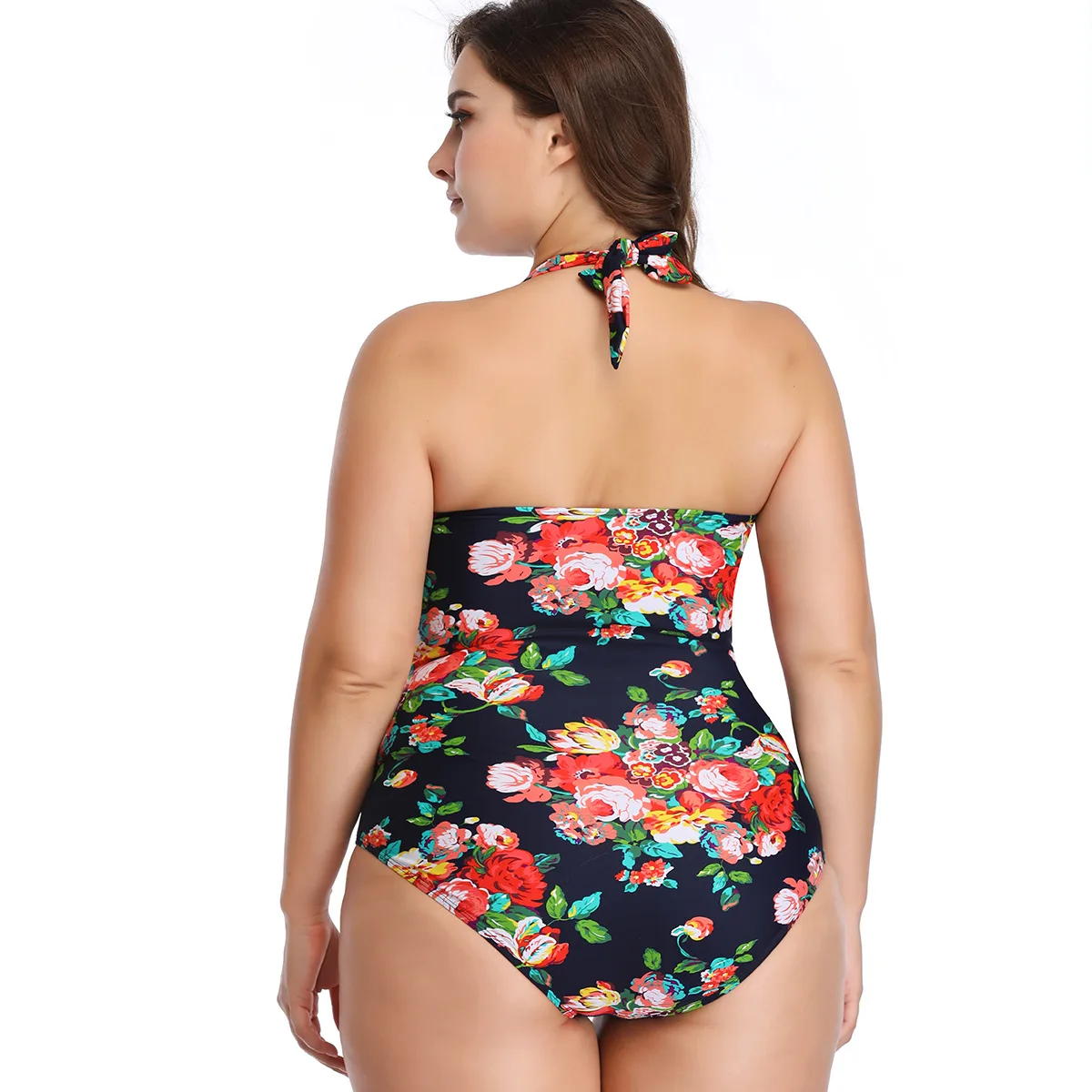 

Woman Large Size 5XL One Piece Swimsuit Nylon Print Pleated Cover Belly Is Thin Sexy Floral Tght Fitting Sling Slim Backless