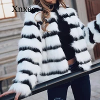fashion black white striped faux fur coat autumn winter long sleeved short style jacket womens o neck warm coats