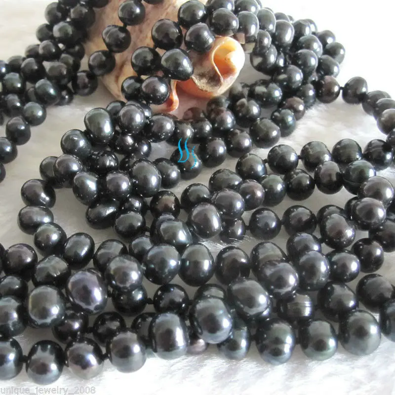 

100" 6-8mm Black Freshwater Pearl Necklace Off Round Strand Jewelry