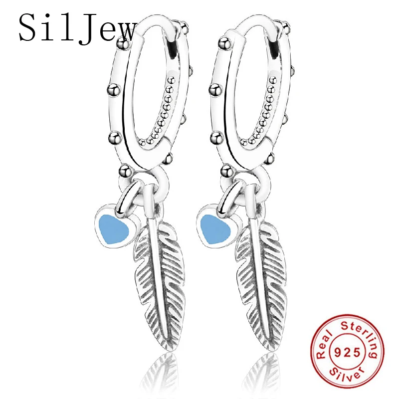 

SilJew 925 Sterling Silver Feather Enamel Heart Hoop Earrings for Women Wedding Engagement Statement Luxury Jewelry