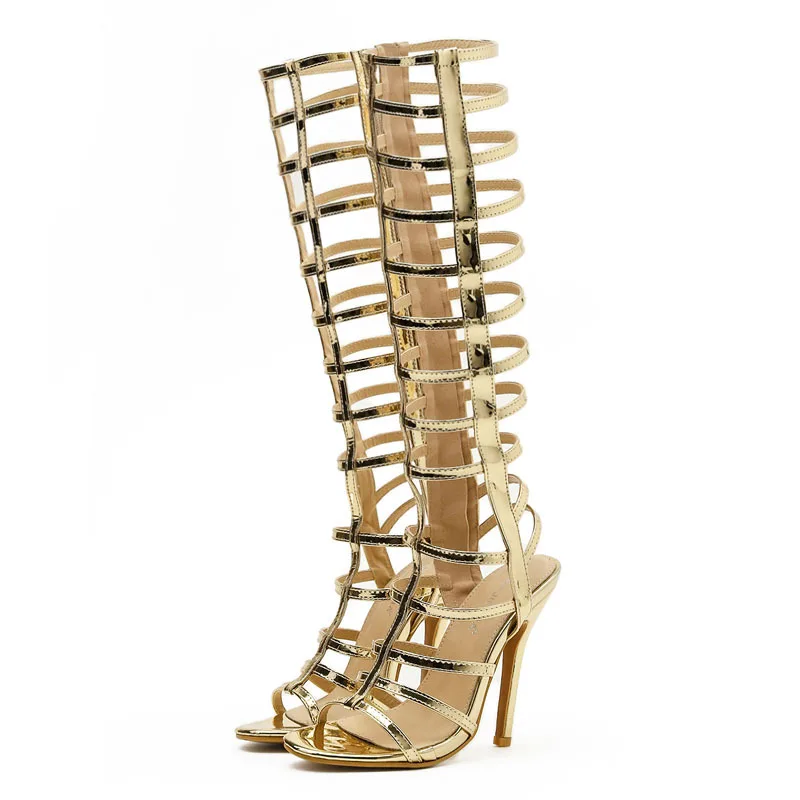 

High Tube Belt Buckle Women's Sandals Summer Rivets High-heeled Hollow Boots Thick-soled Inner Increase Roman Shoes Summer 35-40