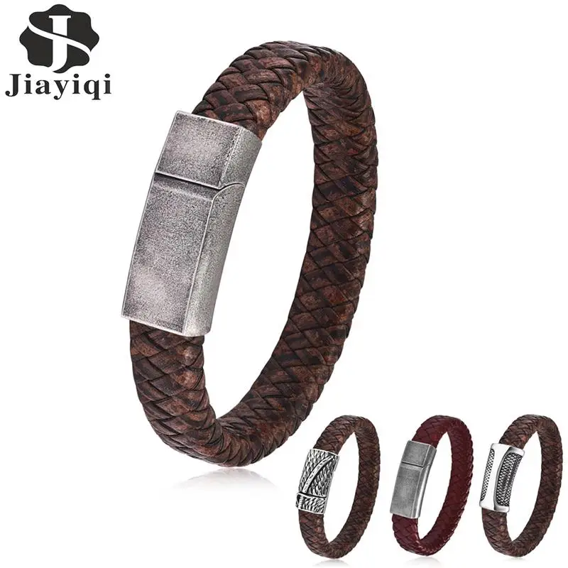 Jiayiqi Ретро Магнитный кожаный браслет с застежкой для мужчин плетеный