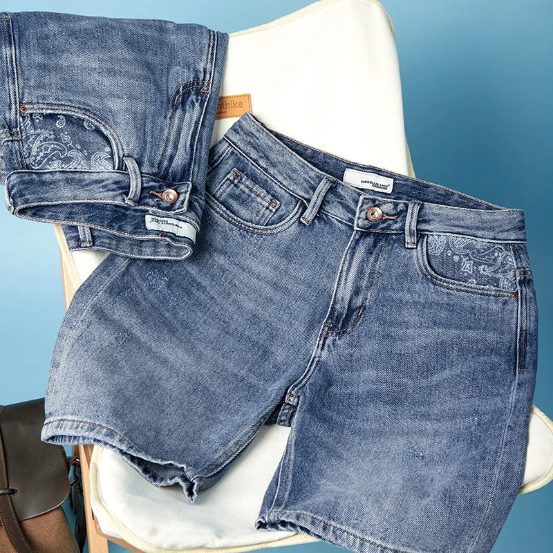 Мужские Изношенные джинсы KUEGOU черные джинсовые шорты с принтом пейсли и