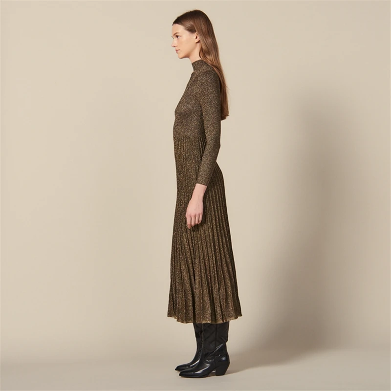Туника Облегающая водолазка однотонное платье для женщин Vestido Longo люрекс вязаный халат элегантный облегающий пуловер Джемпер с длинными рукавами
