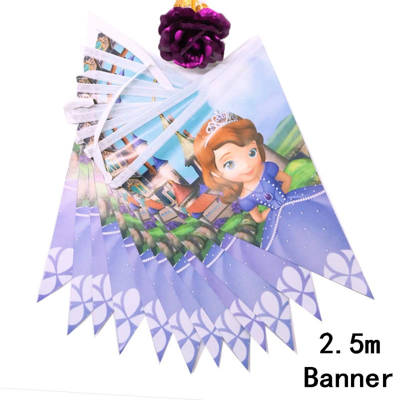 2.5meter Flag Одноразовые тарелки принцессы Софии для детей 6 лет, праздничные принадлежности для дня рождения, праздничные украшения, вечерние украшения, подарки для девочек - Цвет: 2.5meter Flag