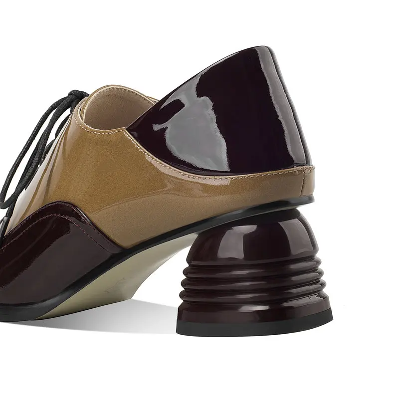 

Genuine leather lace up women shoes girls square toe fashion high heel shoes woman Mixed colors work shoes Large size 34-43