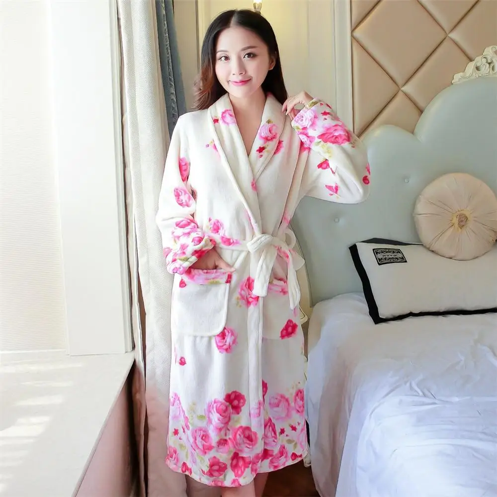 Женское ночное белье с цветочным принтом, v-образный вырез, домашняя одежда, Коралловое кимоно из рунной шерсти, халат, платье с ремнем, зимняя теплая одежда для сна, длинная одежда - Цвет: Белый