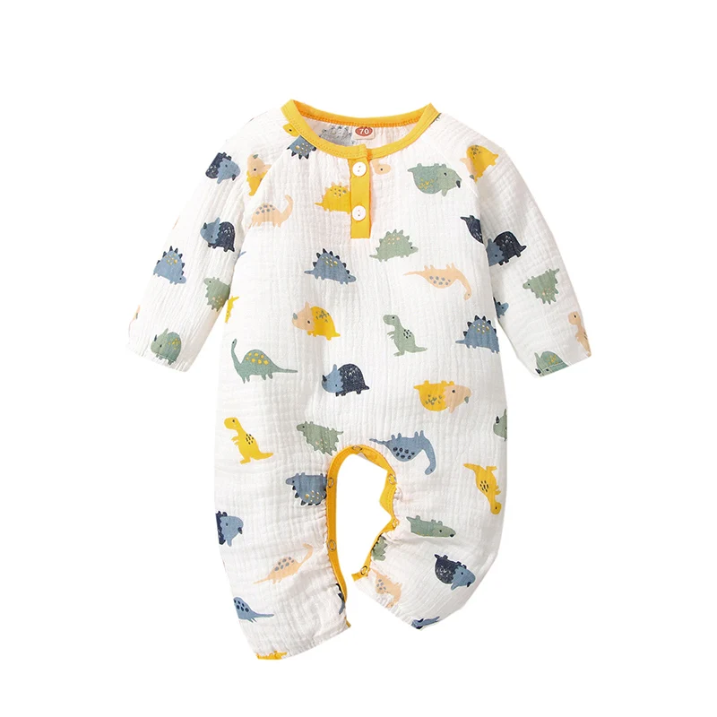 

Baby Boy Romper, Dinosaur Pattern Printing Round Neck Clothing Crotch Snap Button 1 Piece Suit For Toddler Newborn Babies