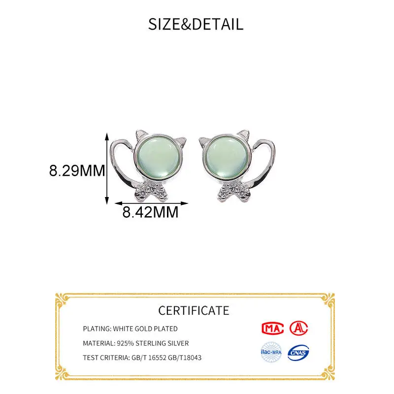 INZATT, настоящее 925 пробы, серебряные, зеленые стеклянные серьги-гвоздики в виде кота для модных женщин, вечерние ювелирные изделия в виде милых животных, подарок