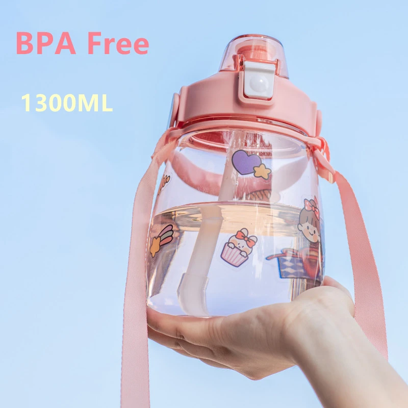 

Water Bottle Large Capacity Plastic Kawaii Cup Cute Portable Summer Sports Outdoor Girl Child Tumbler With Straw Strap BPA Free