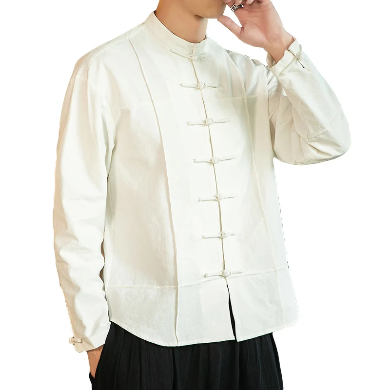 

2021 Chinese Style Cotton Linen Stand Collar Long Sleeve Shirt Men Clothing Spring Casual Retro Tang Suit White Hanfu Male