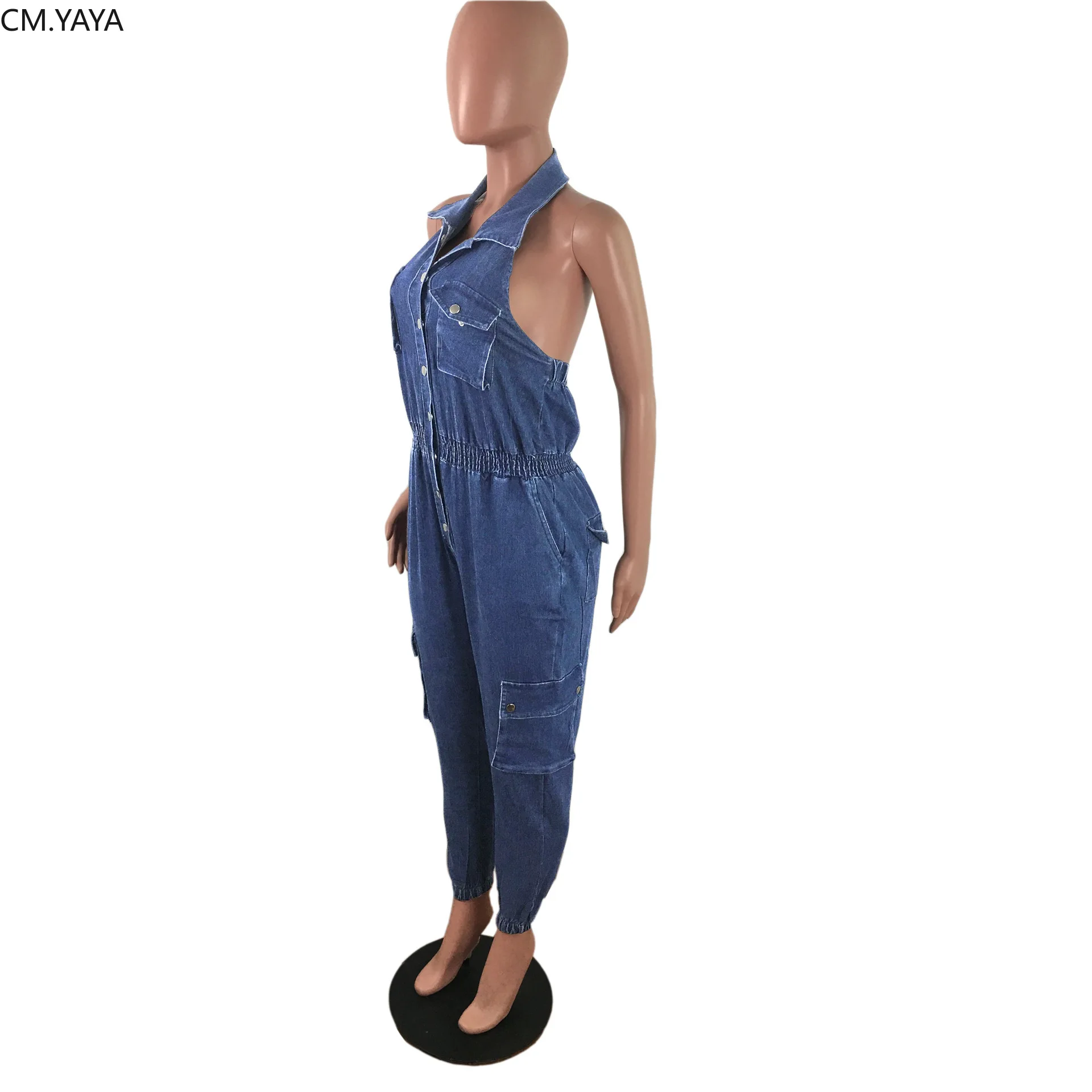 Женский джинсовый комбинезон на пуговицах без рукавов с открытой спиной Модный