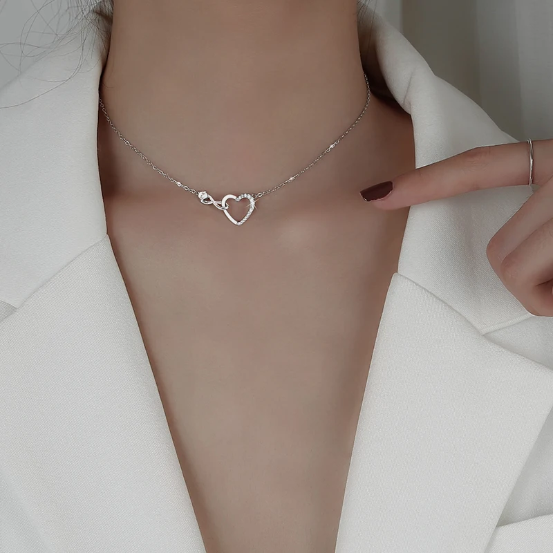 

Women 925 Sterling Silver AAA Zircon Diamond Love Heart Necklace Clavicle Chain Fine Jewelry Engagement Gift