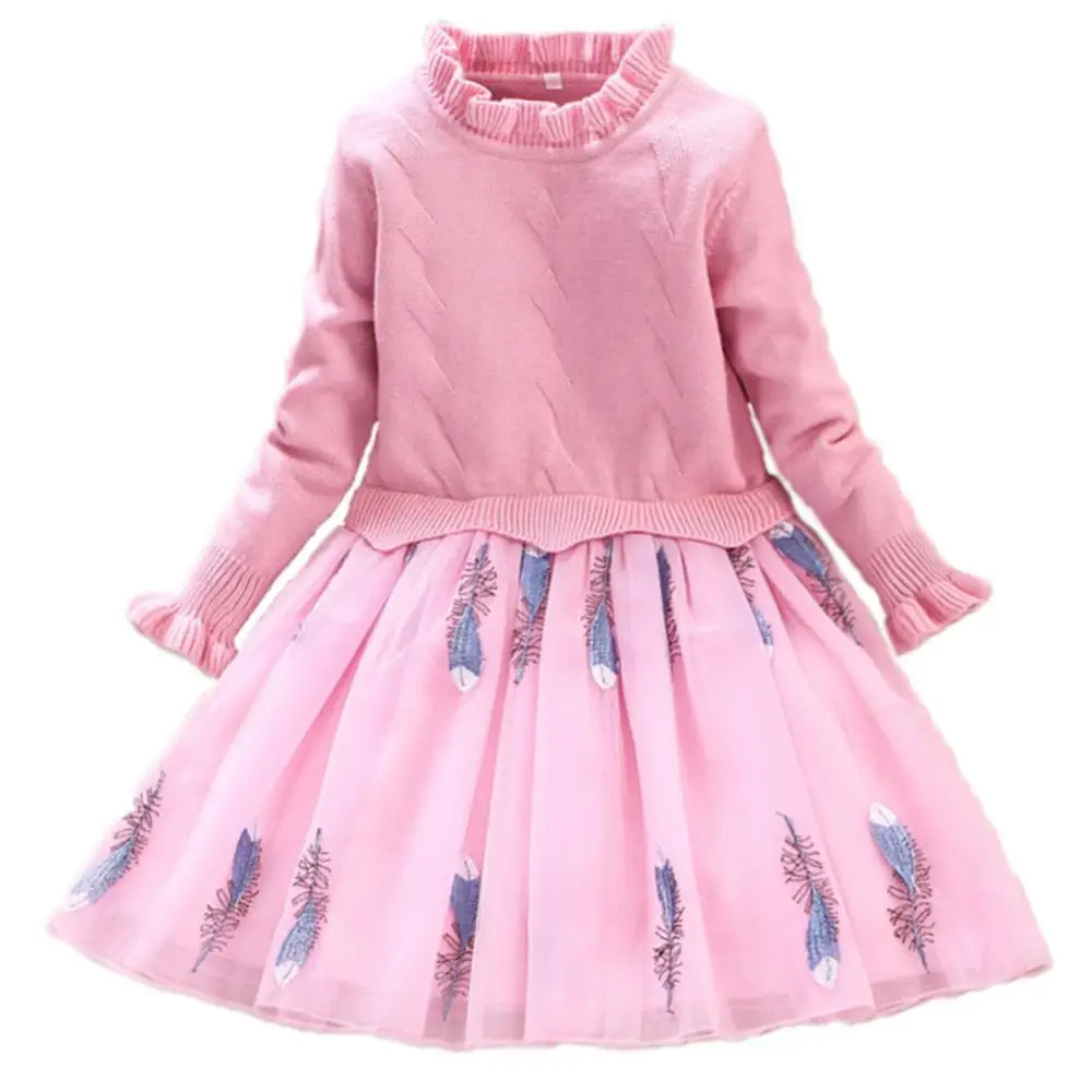 Модное платье свитер для девочек осенне зимнее трикотажный в стиле пэчворк топ с