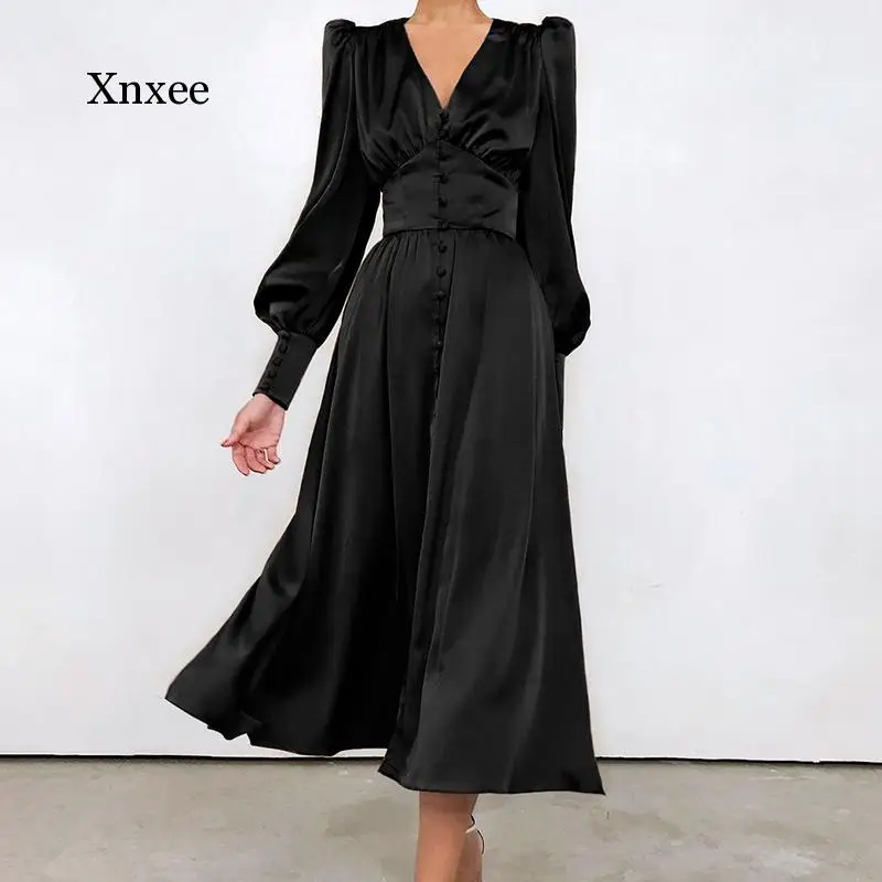 

2021 Spring and Autumn Ladies Beige Single Breasted Sexy Dress Party High Waist Satin Long Dress Elegant V-Neck Women Mid-Length