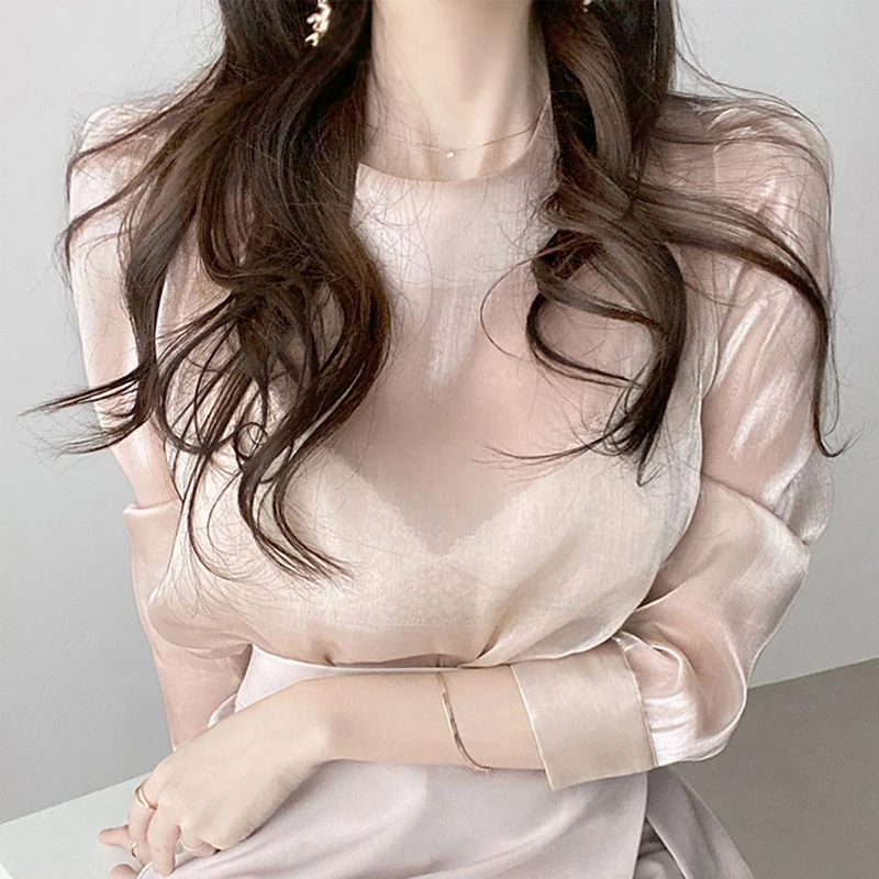 

Spring O-neck Women Tops 2021 New Sexy See Through Lantern Long Sleeve Blouse Temperament Vintage Apricot Clothes Blusas 13617