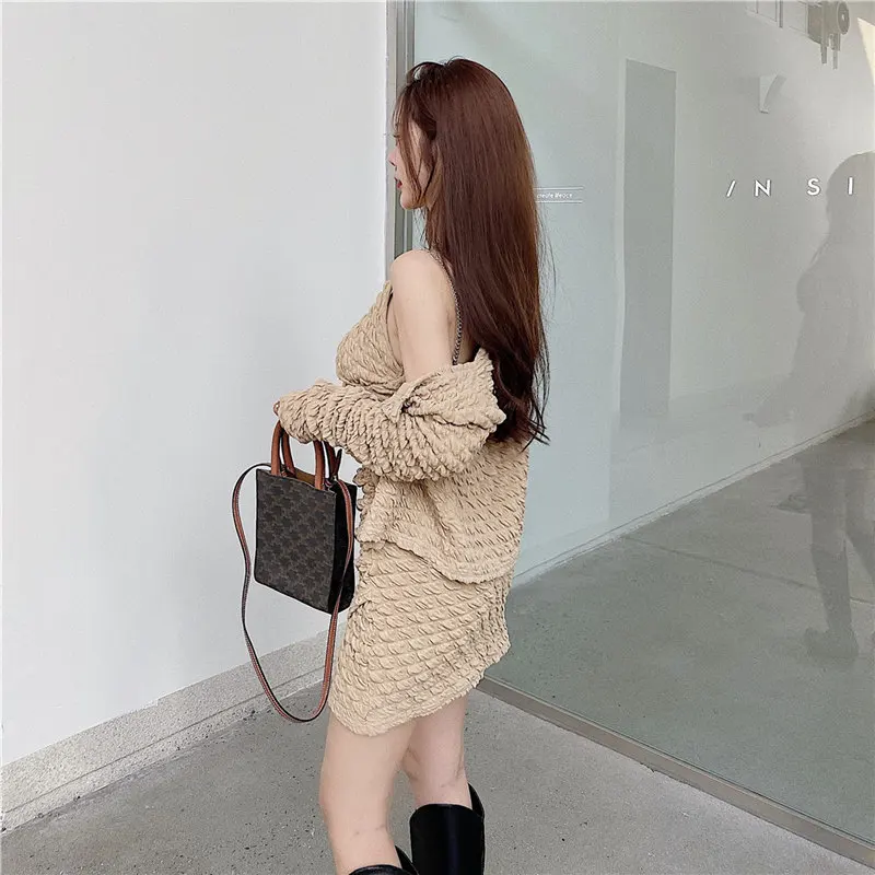 

Summer Elegant Woman Sexy Suspender Package Hip Solid Color Dress And Slim short cardigan Coat Party Fashion Ladies 2-piece set