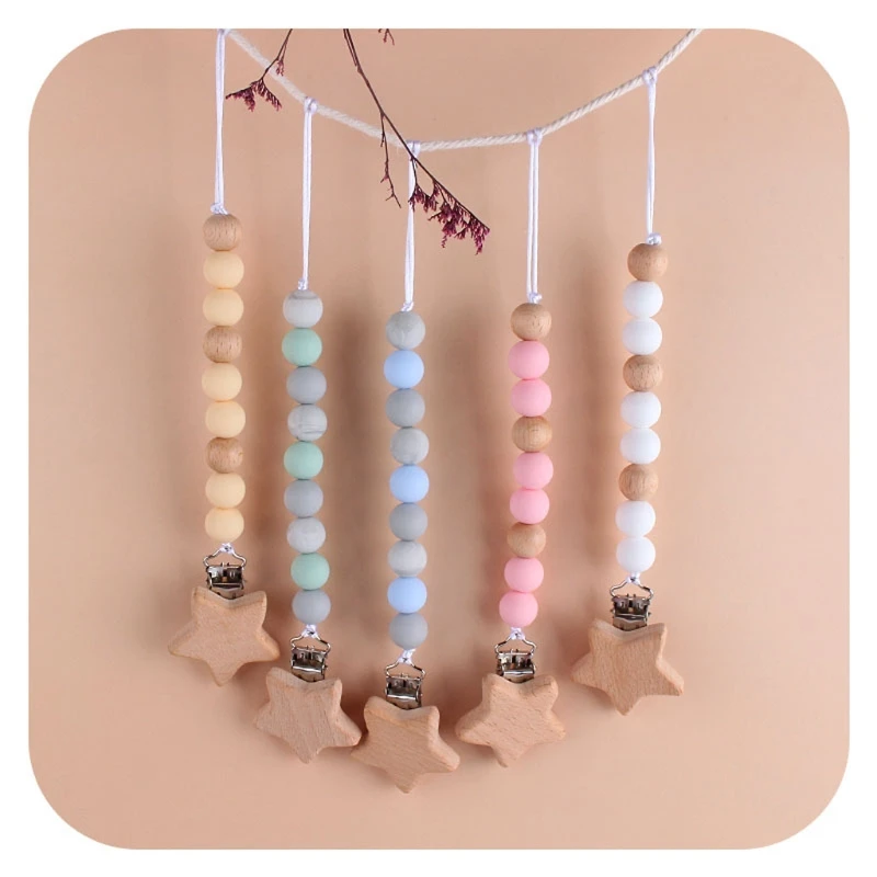 Chupete de madera de haya con cadena de chupete para ni&ntilde;os, Clips de juguete para morder, sin BPA-1