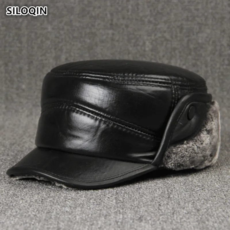 

SILOQIN Dad's Hat High Quality Genuine Leather Hat Middle Old Aged Sheepskin Military Hats Earmuffs Thicken Winter Warm Flat Cap