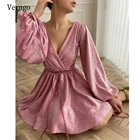 Verngo новое розовое платье с блестками и длинными пышными рукавами, вечернее платье 2021 с V-образным вырезом, Короткое бальное платье для выпускного бала
