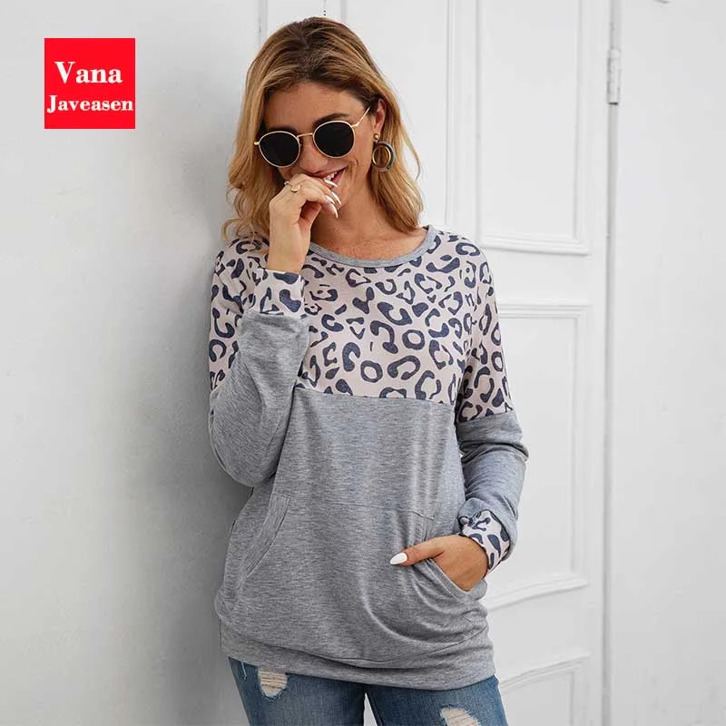 

Winter Outwear Women's Tops Long Sleeve Leopard Sweatshirt Pocket Design Fashion Patchwork Warm Sweatshirt Woman sudadera mujer