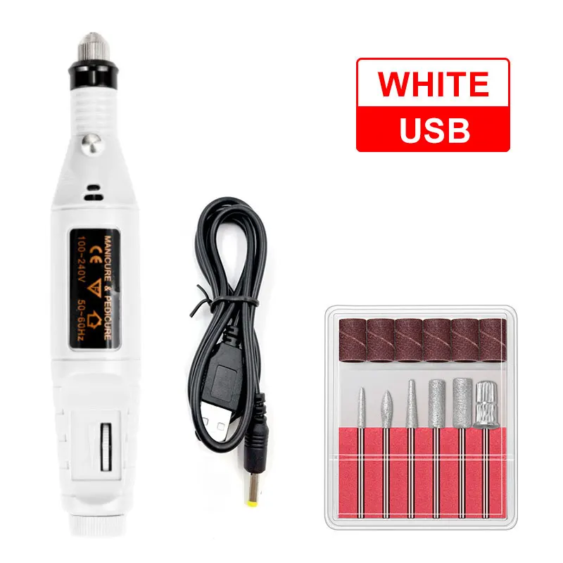 white USB Профессиональный электрический набор для маникюра, маникюрный маникюр с полировкой, электрическая ручка для маникюра, Педикюр с 6 битами, инструменты для маникюра - Цвет: white USB