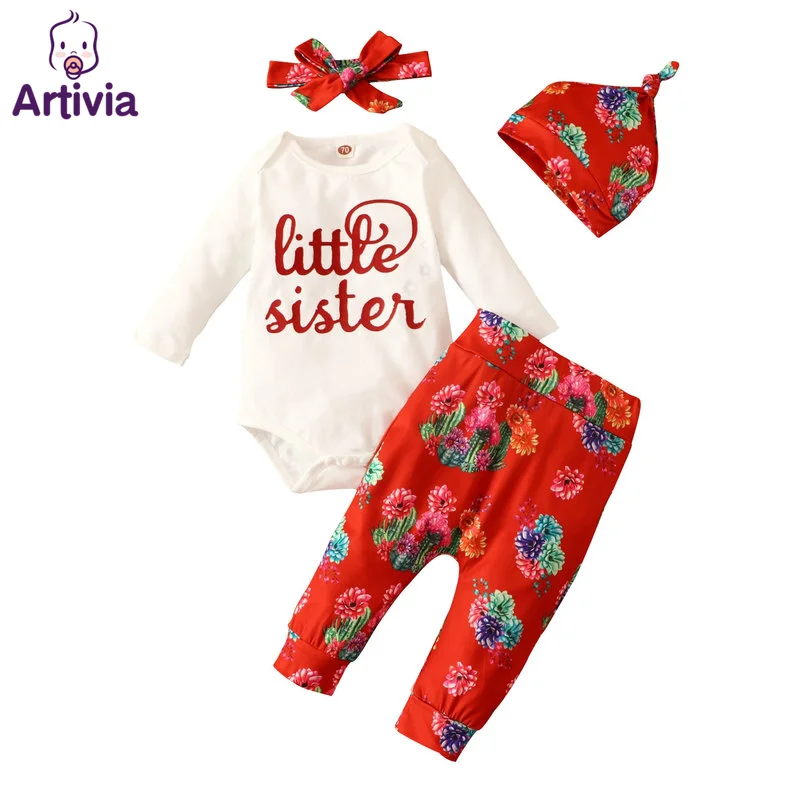 

4pcs Newborn Baby Girl Romper Set Letter Print Long Sleeve Flower Headband Hat Baby Jumpsuit Pure Cotton Kids Clothes Suit 9-24M