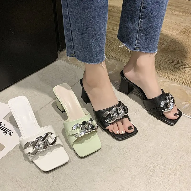 

Med Shoes Slippers Women Summer Pantofle Square heel Luxury Slides Shale Female Beach 2021 Block Designer Rubber Sabot Fashion P