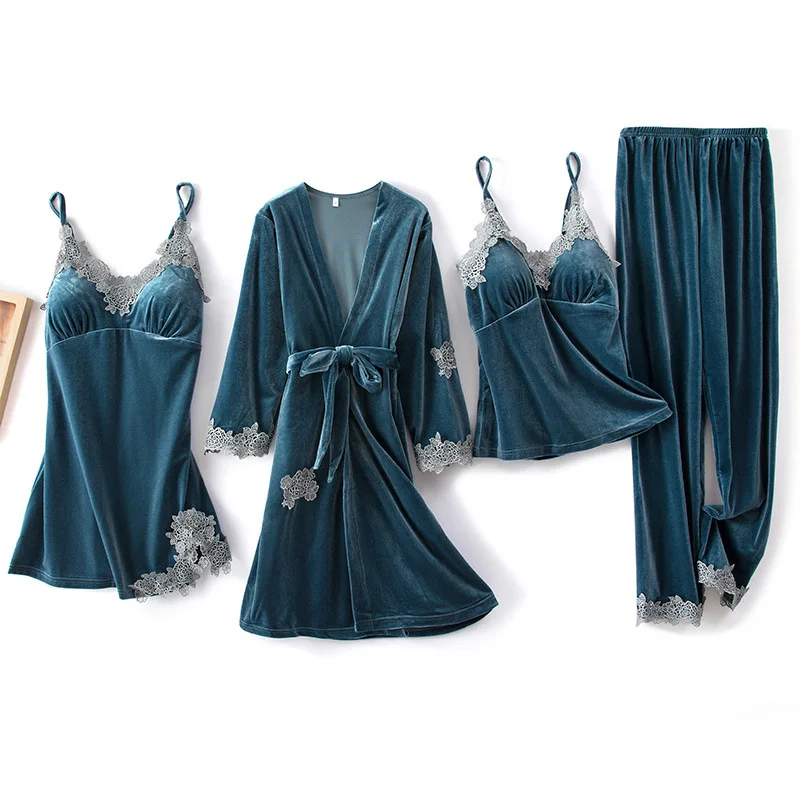 

Женская одежда для сна, пижама, ночное белье, пижамные комплекты, женская золотая бархатная домашняя одежда из 4 предметов, сексуальные круж...