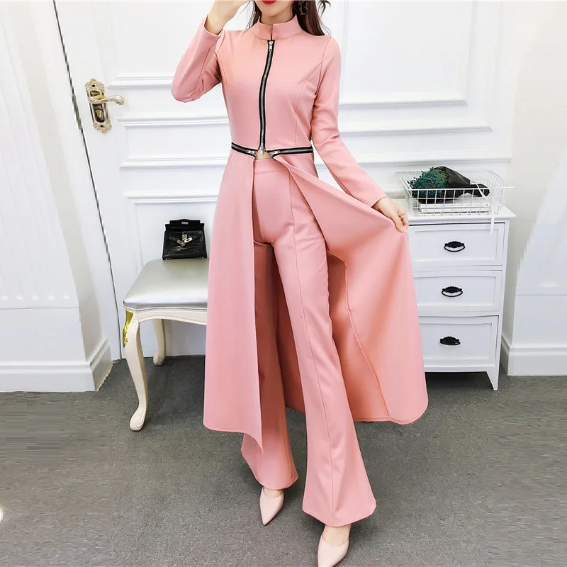 Женский комплект 2 шт. длинная куртка на молнии и широкие брючные костюмы 2019 Новая
