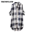 Женская длинная рубашка из хлопка и льна, в черно-белую клетку