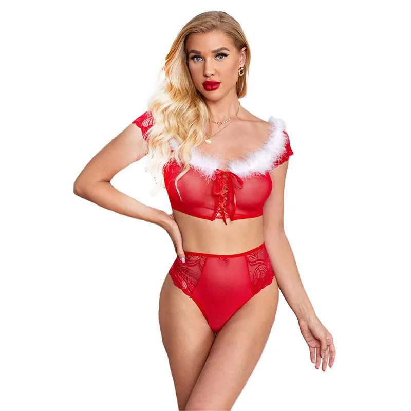 

Christmas fun two-piece plaid print skirt holiday sexy lingerie set feminine temptation exclusive holiday set