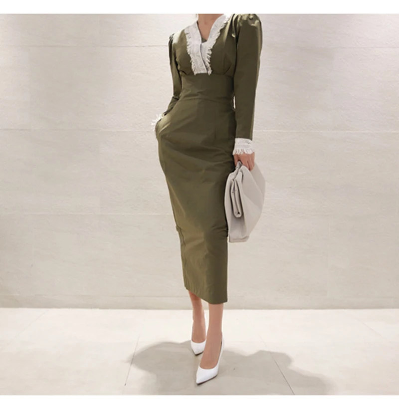 Женская обувь в винтажном стиле Вечерние платье миди с длинными рукавами