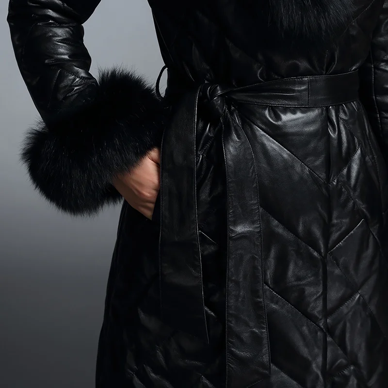 Женское пальто из натуральной кожи с воротником лисьего меха|Кожаные куртки| |
