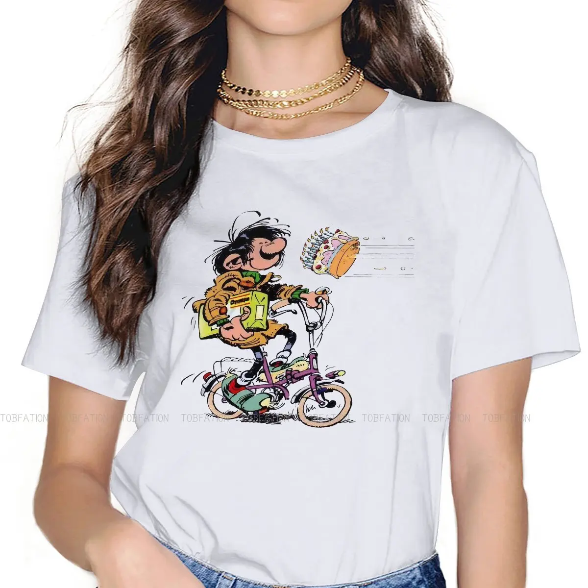 

By Bike Kawaii Girls Women T-Shirt Gaston Lagaffe Comics 5XL Blusas Harajuku Casual Short Sleeve Vintage Oversized Tops
