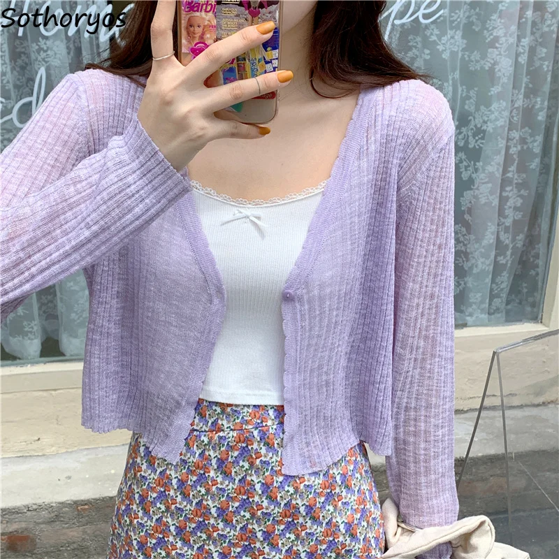 Cropped Cardigan Women Vintage Knit Cute Top Harajuku Purple Slimming All-match Streetwear Sunproof Korean Casual New Summer